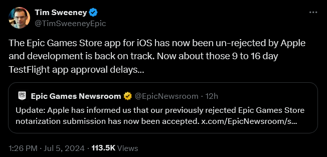 Epic Games CEO Tim Sweeney announces the Epic Games Store App's approval for the Apple App Store.