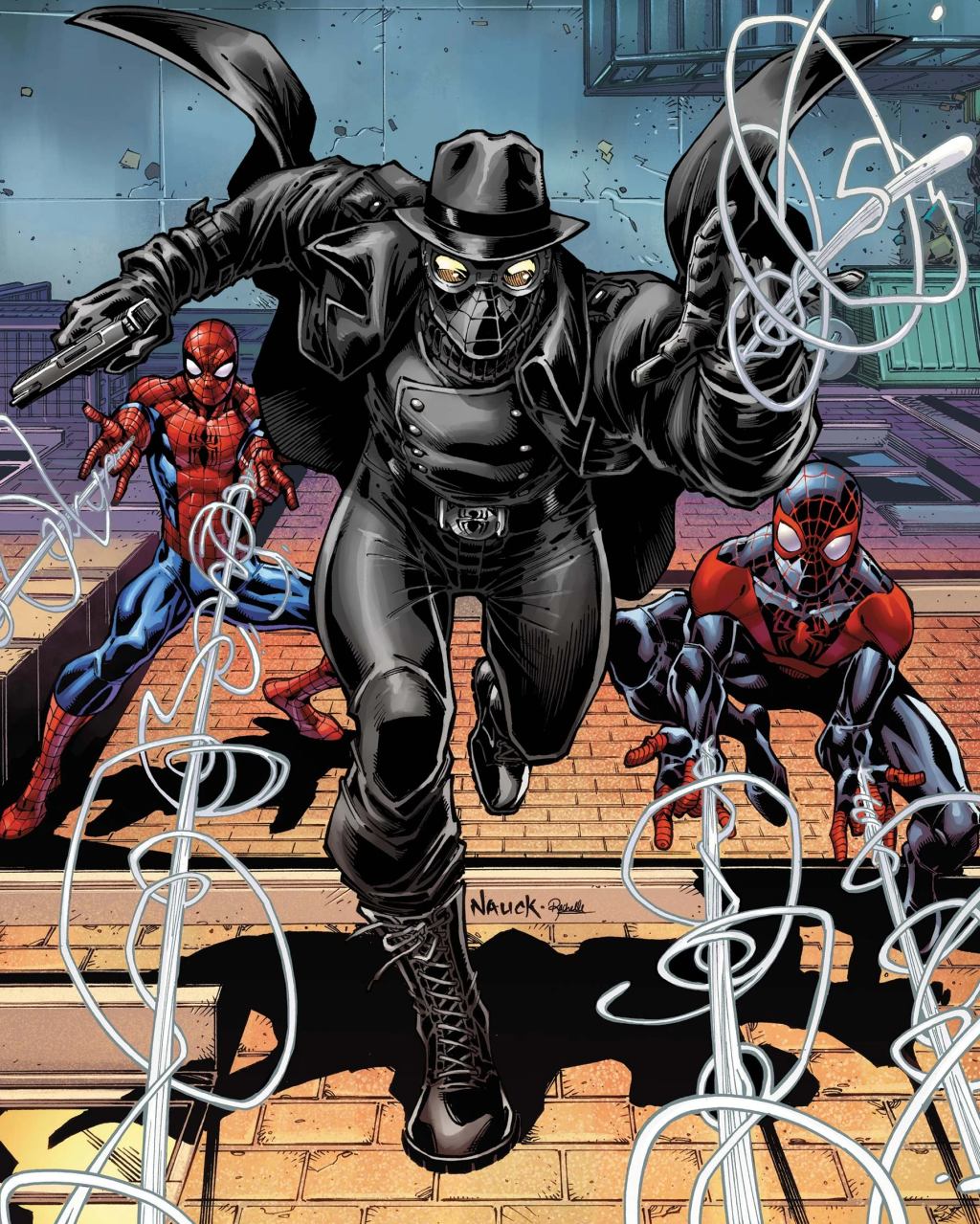 Peter Parker, Peter Parker, and Mile Morales assemble on Todd Nauck's variant cover to Spider-Man Noir Vol. 2 #1 (2020), Marvel Comics