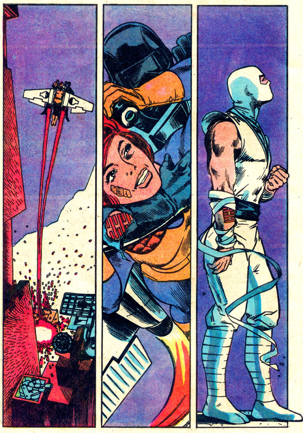 Snake-Eyes and Scarlett escape the clutches of Storm Shadow in GI Joe: A Real American Hero Vol. 1 #21 "Silent interlude" (1983), Marvel Comics. Text by Larry Hama, art by Larry Hama, Steve Leialoha, George Roussos and Rick Parker.