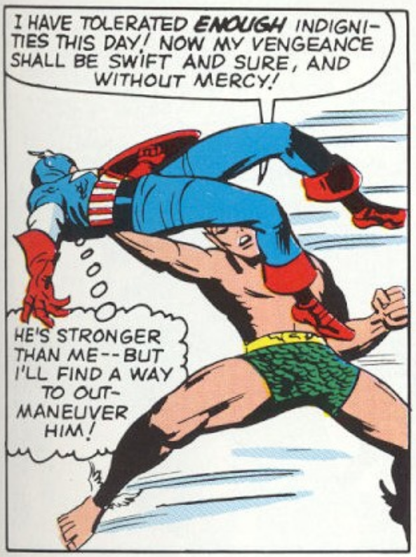 Namor shows off his strength against Captain America in Avengers Vol. 1 #4 "Captain America Joins... The Avengers!" (1963), Marvel Comics. Words by Stan Lee and Jack Kirby, art by Jack Kirby, George Roussos, Stan Goldberg, and Artie Simek.