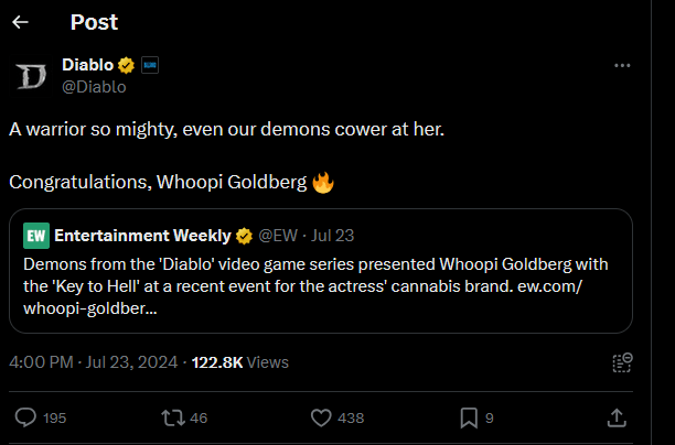 A warrior so mighty, even our demons cower at her.  

Congratulations, Whoopi Goldberg 🔥