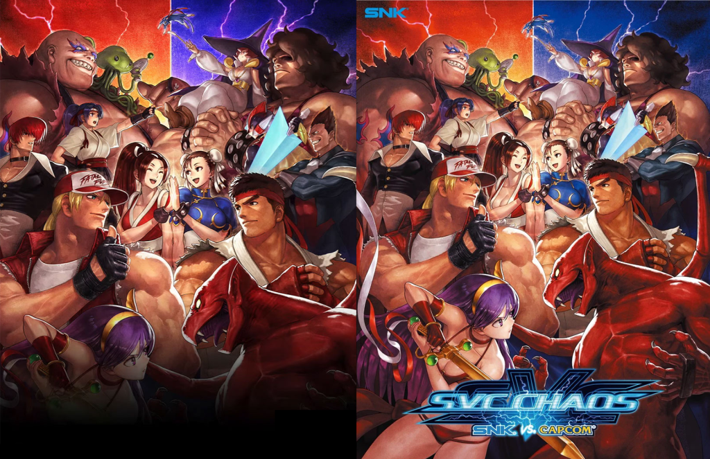 The censored vs. uncensored version of Eisuke Ogura's key art for SNK Vs. Capcom: SVC Chaos (2024), SNK/Capcom 