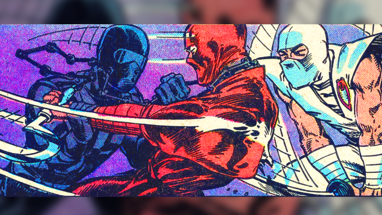 Snake Eyes faces a Red Ninja and Storm Shadow in GI Joe: A Real American Hero Vol. 1 #21. "Silent interlude" (1983), Marvel Comics. Text by Larry Hama, art by Larry Hama, Steve Leialoha, George Roussos and Rick Parker.