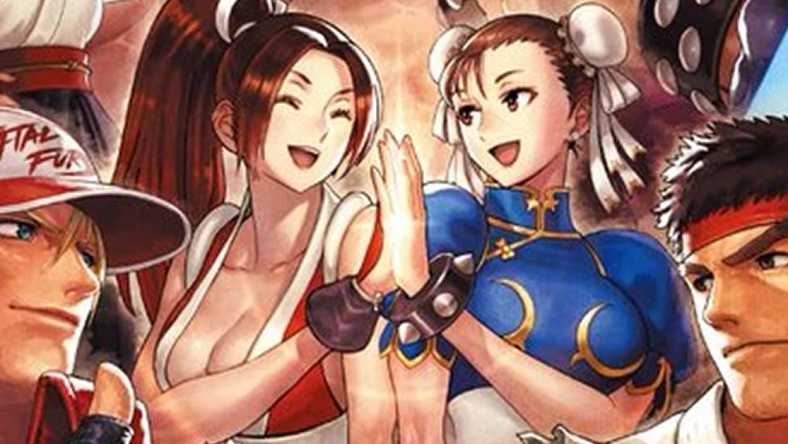 Mai Shiranu and Chun-Li share a high-five in Eisuke Ogura's key art for SNK Vs. Capcom: SVC Chaos (2024), SNK/Capcom