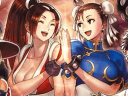 Mai Shiranu and Chun-Li share a high-five in Eisuke Ogura's key art for SNK Vs. Capcom: SVC Chaos (2024), SNK/Capcom