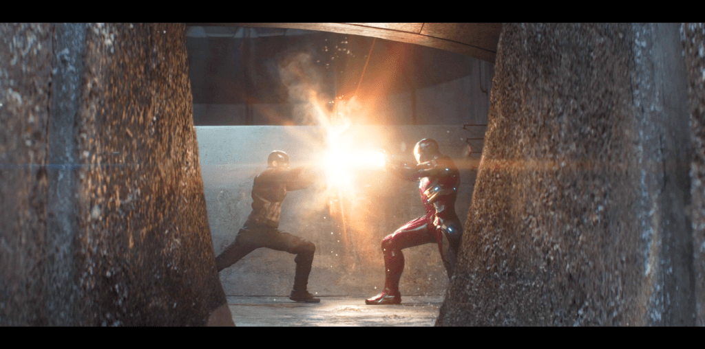 Steve Rogers (Chris Evans) and Tony Stark (Robert Downey Jr.) clash in Captain America: Civil War (2016), Marvel Studios