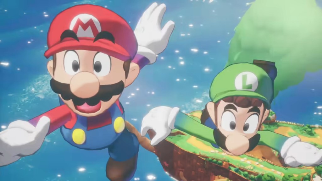Mario and Luigi (Kevin Z. Afghani) are launched into the sky in Mario & Luigi: Brothership (2024), Nintendo