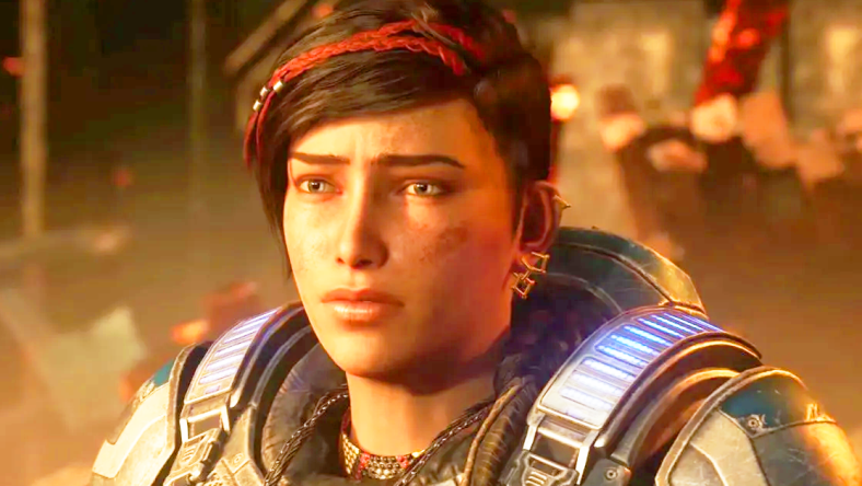 Kait (Laura Bailey) looks out on the aftermath of the Locusts' latest attack in Gears 5 (2019), Microsoft