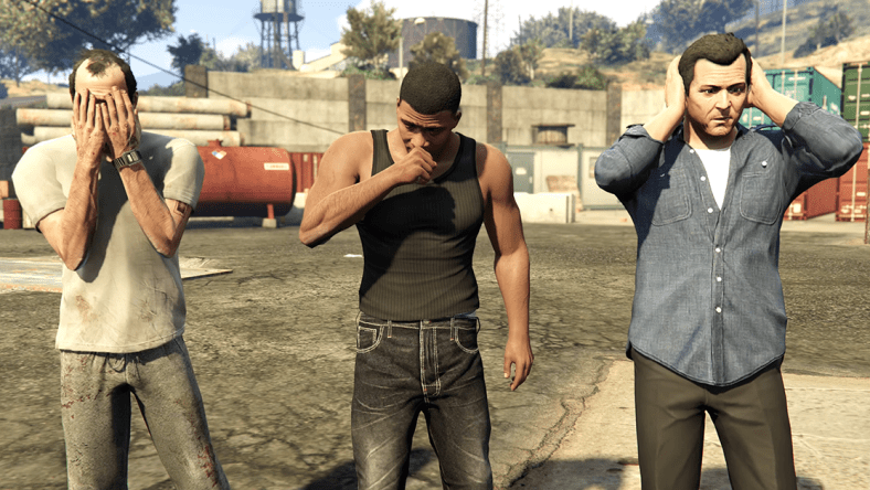 Trevor (Steven Ogg), Franklin (Shawn Fonteno) and Michael (Ned Luke) are shocked to learn that the US Government is corrupt in Grand Theft Auto V (2013), Rockstar Games