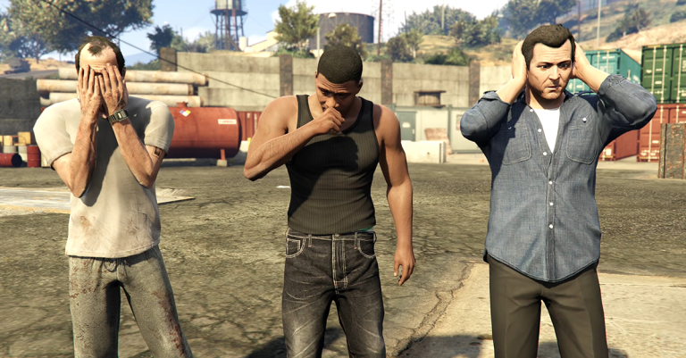 Trevor (Steven Ogg), Franklin (Shawn Fonteno) and Michael (Ned Luke) are shocked to learn that the US Government is corrupt in Grand Theft Auto V (2013), Rockstar Games