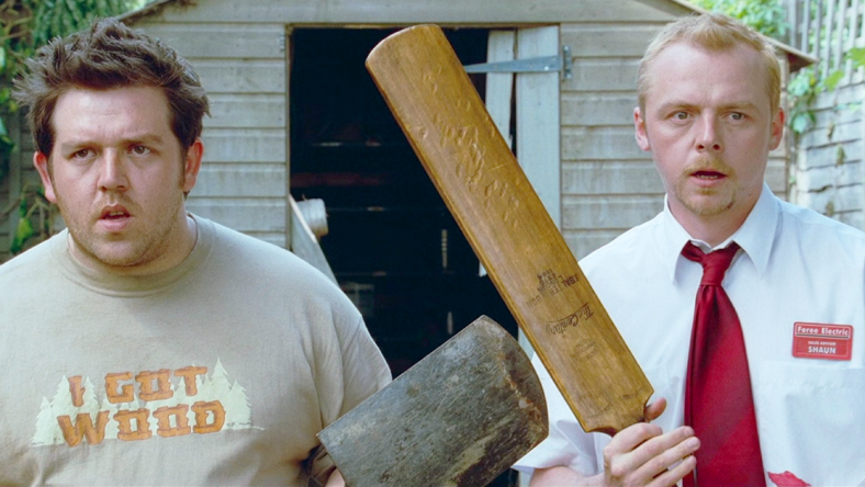 Ed (Nick Frost) and Shaun (Simon Pegg) prepare to kill their first zombie in Shaun of the Dead (2004), Universal Pictures