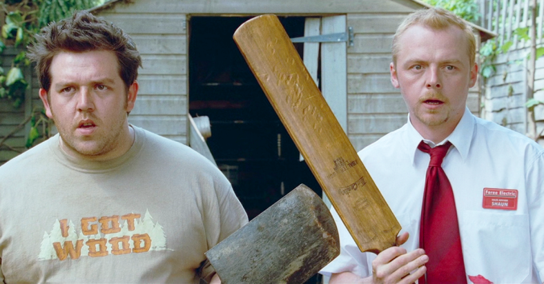 Ed (Nick Frost) and Shaun (Simon Pegg) prepare to kill their first zombie in Shaun of the Dead (2004), Universal Pictures