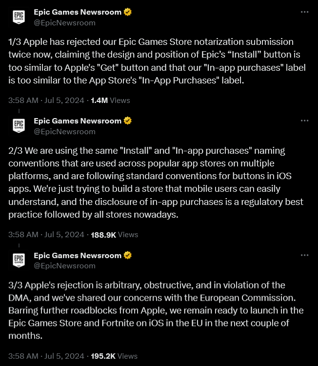 Epic responds to Apple's rejection of their app store.