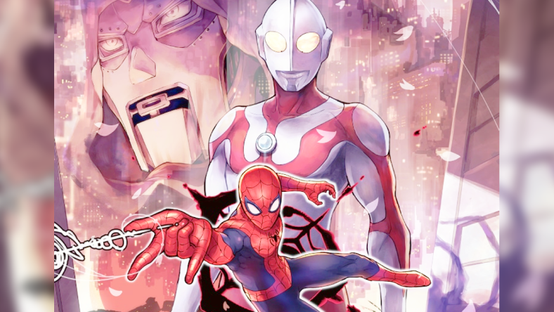 The titular heroes stand united in Tomo Hirokawa's key visual to Ultraman: Along Came a Spider-Man (2024), Shogakukan