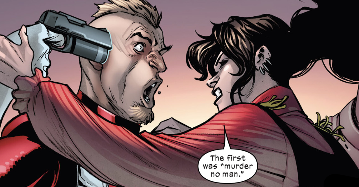 Kitty Pryde recalls the first law of Krakoa in X-Men Vol. 6 #25 "From the Shadows" (2023), Marvel Comics. Words by Gerry Duggan, art by Stefano Caselli and Marte Garcia.