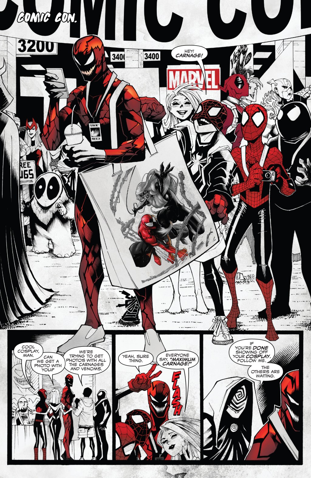 Carnage pays a visit to San Diego-Comic Con in Carnage: Black, White, & Blood Vol. 1 #3 "The Convention" (2021), Marvel Comics. Words by ALyssa Wong, art by Gerardo Sandoval, Victor Nava, Erick Arciniega, and Joe Sabino.