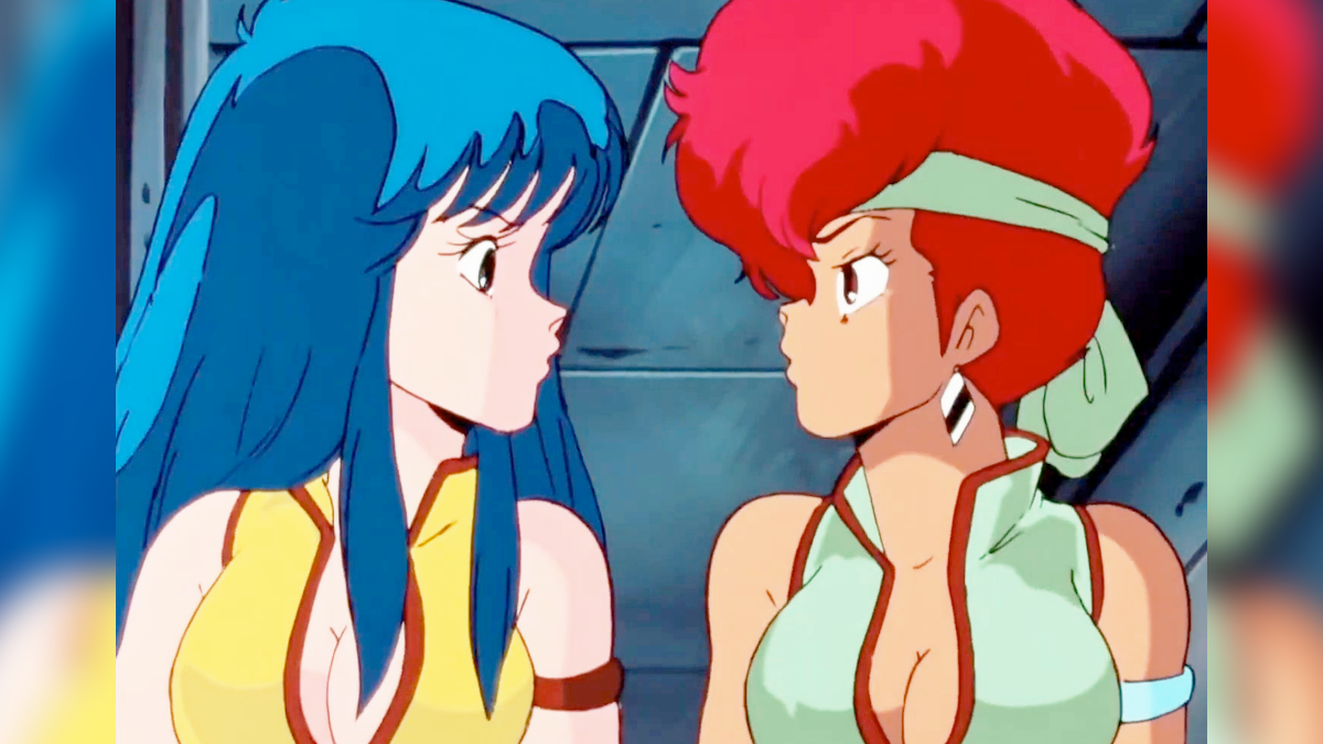 Kei (Kyoko Tongu) and Yuri (Saeko Shimazu) find themselves at a loss for answers in Dirty Pair Episode 15 "Dig Here Meow Meow, the Reward Comes in the Very End" (1985), Nippon Sunrise