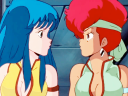 Kei (Kyoko Tongu) and Yuri (Saeko Shimazu) find themselves at a loss for answers in Dirty Pair Episode 15 "Dig Here Meow Meow, the Reward Comes in the Very End" (1985), Nippon Sunrise