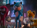 Sonic (Ben Schwartz), Tails (Colleen O'Shaughnessey), and Knuckles (Idris Elba) stand ready to fight in Sonic the Hedgehog 3 (2024), Paramount Pictures