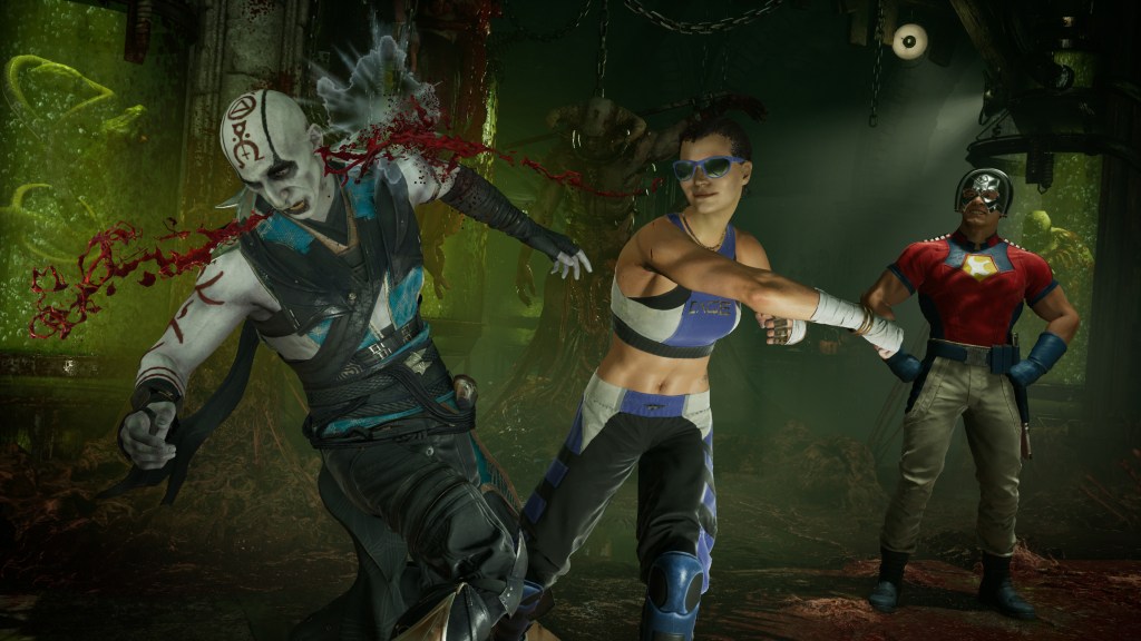 Janet Cage (Courtenay Taylor) delivers a blinding hook to Quan Chi (Sean T. Krishnan) as Peacemaker (John Cena) looks on in Mortal Kombat 1 (2023), Warner Bros. Games