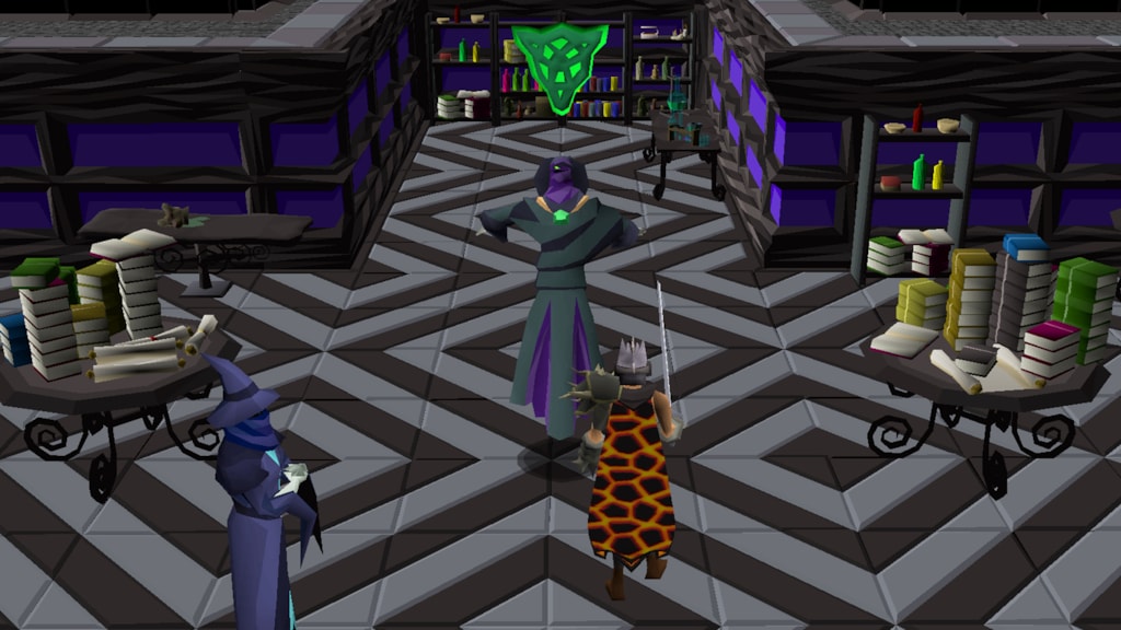 The player and Astereos Arceuus look on as Lord Trobin Arceuus is trapped in a trance in Old School Runescape (2013), Jagex