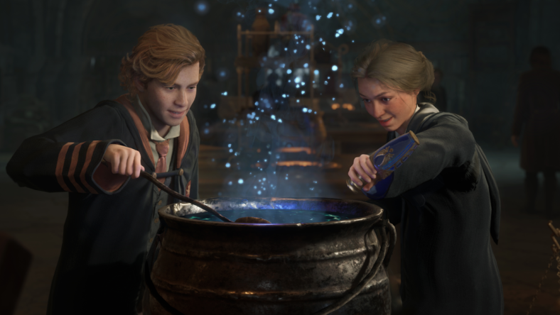 A Griffindor and Ravenclaw student brew a potion in a cauldron in Hogwarts Legacy (2023), Warner Bros. Games