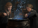 A Griffindor and Ravenclaw student brew a potion in a cauldron in Hogwarts Legacy (2023), Warner Bros. Games