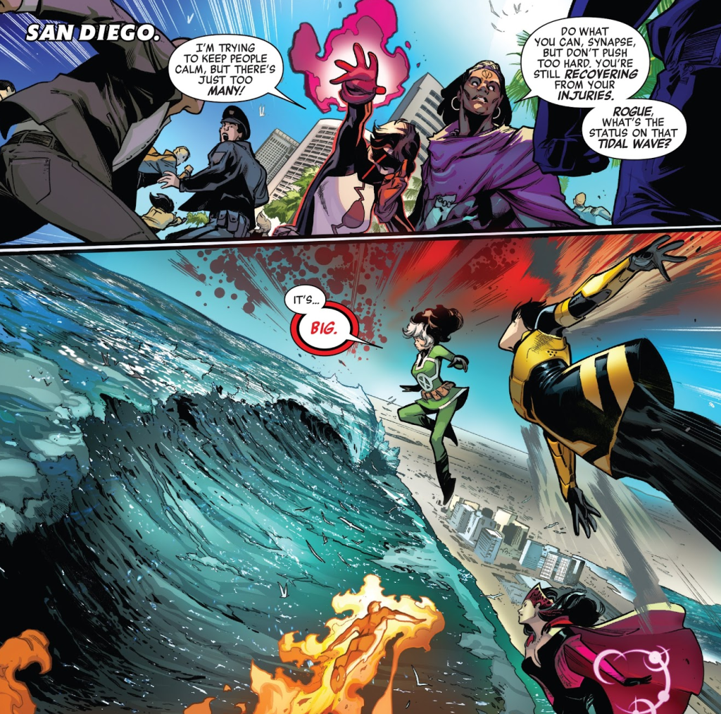 The Avengers attempt to save San Diego from an encroaching tidal wave in Avengers Vol. 1 #675 "No Surrender" (2018), Marvel Comics. Words by Mark Waid, Al Wing, and Jim Zub, art by Pepe Larraz, David Curiel, and Cory Petit.