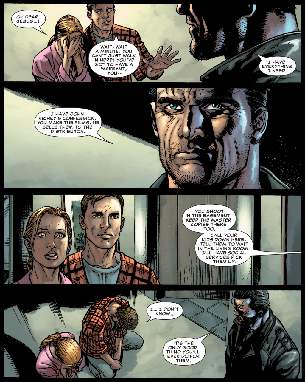 Frank Castle prepares to save a group of siblings from their abusive parents in The Punisher Vol. 7 #44 "Widowmaker, Part Two" (2007), Marvel Comics. Words by Garth Ennis, art by Lan Medina, Bill Reinhold, Raul Trevino, and Randy Gentile.