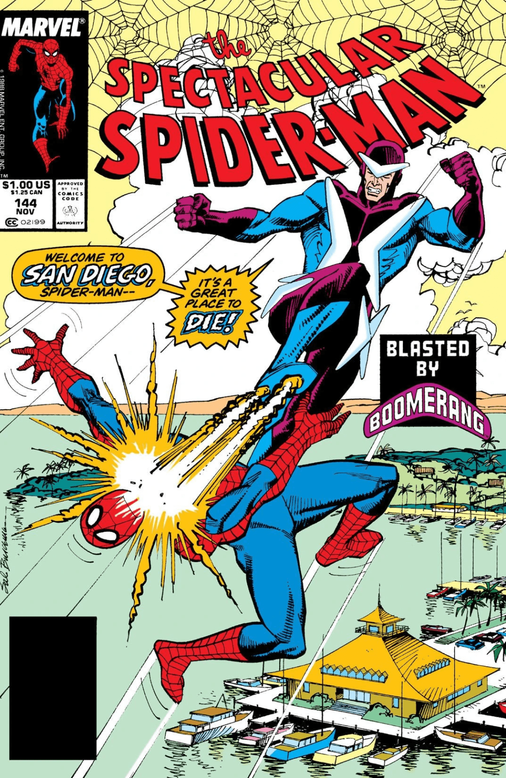 Boomerang and Spider-Man grapple above San Diego's Mission Bay on Sal Buscema's cover to Spectacular Spider-Man Vol. 1 #144 "All Ill Wind..." (1988), Marvel Comics