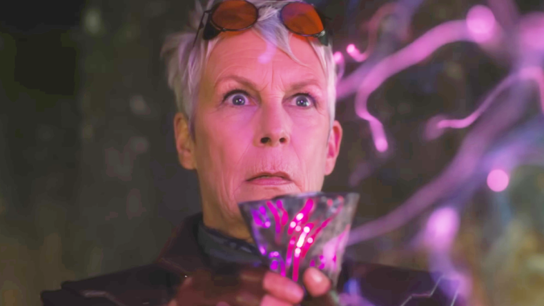 Dr. Tannis (Jamie Lee Curtis) makes a discovery in Borderlands (2024), Lionsgate