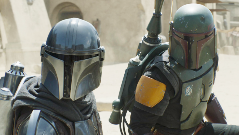 Boba Fett (Temeura Morrison) and Din Djarin (Pedro Pascal) find themselves on the backfoot in The Book of Boba Fett Chapter 7 (2022), Disney Plus