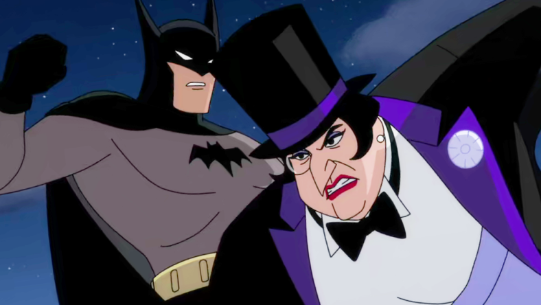 The Penguin (Minnie Driver) lashes out at Batman (Hamish Linklater) in Batman: Caped Crusader Season 1 Episode 1 "In Treacherous Waters" (2024), Amazon Prime