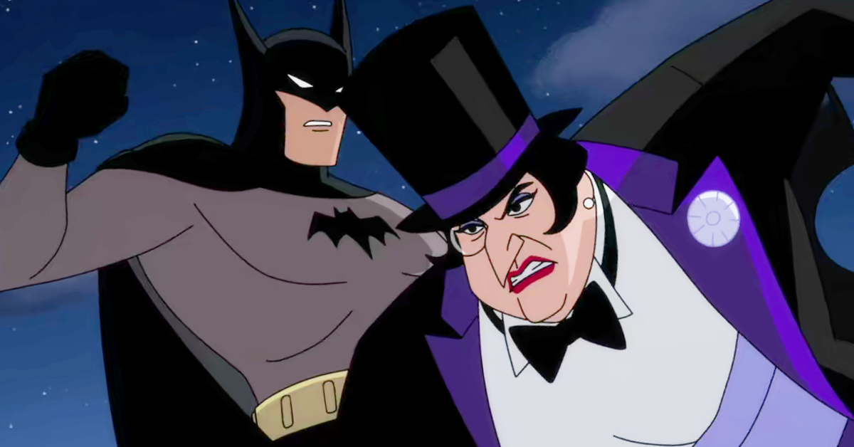 The Penguin (Minnie Driver) lashes out at Batman (Hamish Linklater) in Batman: Caped Crusader Season 1 Episode 1 "In Treacherous Waters" (2024), Amazon Prime