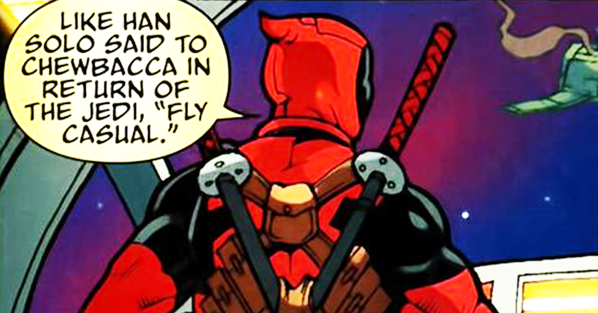 Deadpool offers some flying advice in Deadpool: Merc with a Mouth Vol 1 #5 "Head Trip, Part 5" (2009), Marvel Comics. Words by Victor Gischler, art by Bong Dazo, Jose Pimentel, Matt Milla, and Jeff Eckleberry.