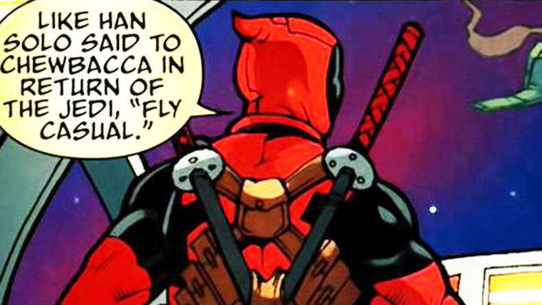 Deadpool offers some flying advice in Deadpool: Merc with a Mouth Vol 1 #5 "Head Trip, Part 5" (2009), Marvel Comics. Words by Victor Gischler, art by Bong Dazo, Jose Pimentel, Matt Milla, and Jeff Eckleberry.