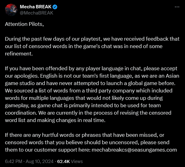 'Mecha BREAK' is found to have banned the term 'Trump' from its in-game chat.