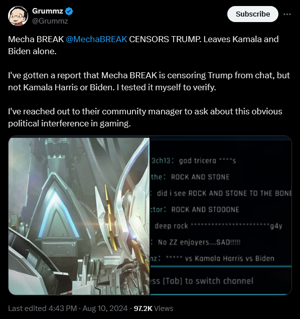 'Mecha BREAK' is found to have banned the term 'Trump' from its in-game chat.