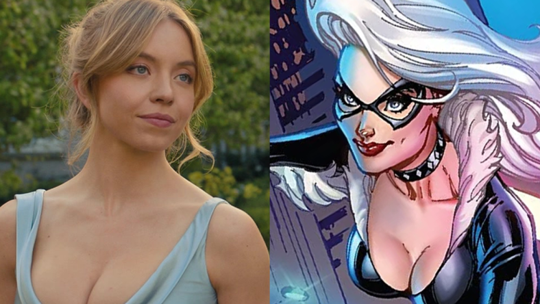 Bea (Sydney Sweeney) reluctantly attends her sister Halle's (Hadley Robinson) wedding in Anyone but You (2023), Sony Pictures / Black Cat catches a ride atop a moving taxi on J. Scott Campbell's cover to Mary-Jane & Black Cat Vol. 1 #3 (2023), Marvel Comics