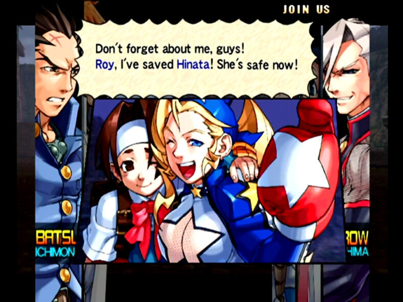 Tiffany Lords (Miki Narahashi) saves Hinata (Tomoe Hanba) from danger in Project Justice: Rival Schools 2 (2000), Capcom