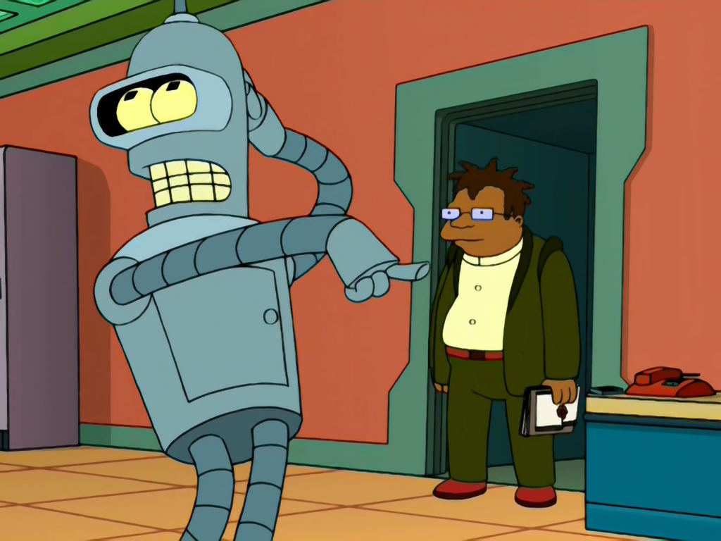 Hermes Conrad (Phil Lamarr) listens on as Bender (John DiMaggio) sings to his greatness in Futurama Season 2 Episode 18 "The Honking" (2000) 20th Century Fox