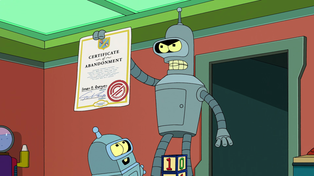 Bender (John DiMaggio) officially abandons his son in Futurama Season 7 Episode 1 "The Bots and the Bees" (2012), Comedy Central