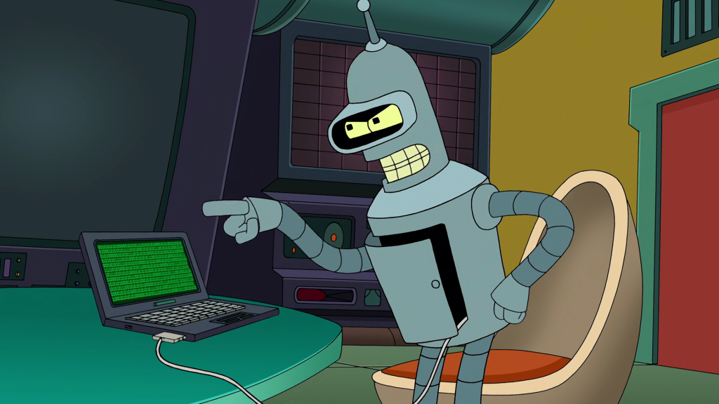 Bender (John DiMaggio) prepares to give himself an upgrade in Futurama Season 6 Episode 25 "Overclockwise" (2012), Comedy Central