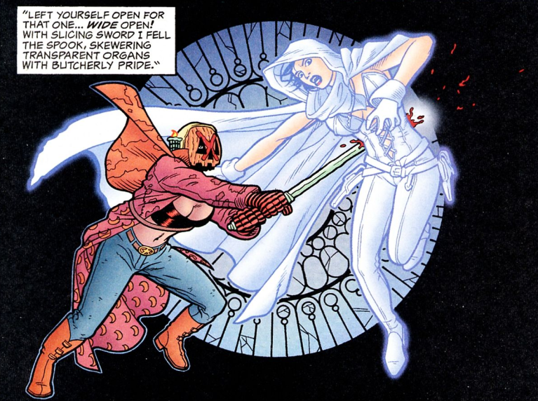 Doctor October manages to tag Ghost in Ghost Vol. 1 #27 (1997), Dark Horse Comics. Words by Eric Luke, art by John Cassaday, Gary Martin, Chris Chalenor, and Steve Haynie.