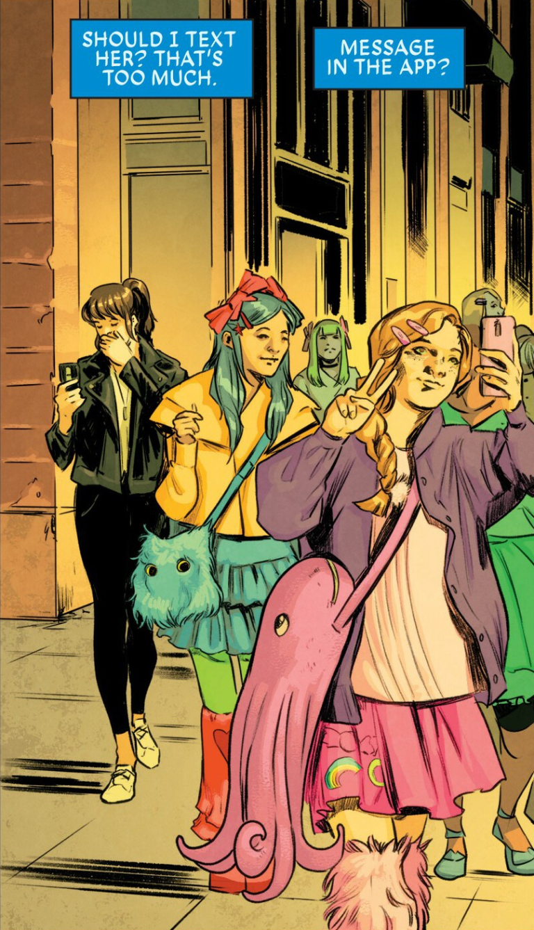 Kitty Pryde considers reaching out to her 'flaky' date in Exceptional X-Men Vol. 1 #1 (2024), Marvel Comics. Words by Eve Ewing, art by Carmen Caernero, Nolan Woodard, and Joe Sabino.