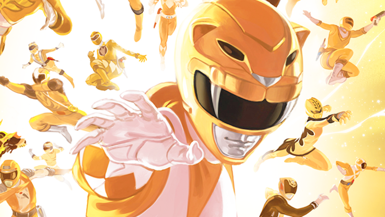 The Yellow Rangers, past, present, and future, arrive for battle on Carlos Fabián Villa's variant cover to Mighty Morphin' Power Rangers Vol. 1 #28 (2018), BOOM! Studios