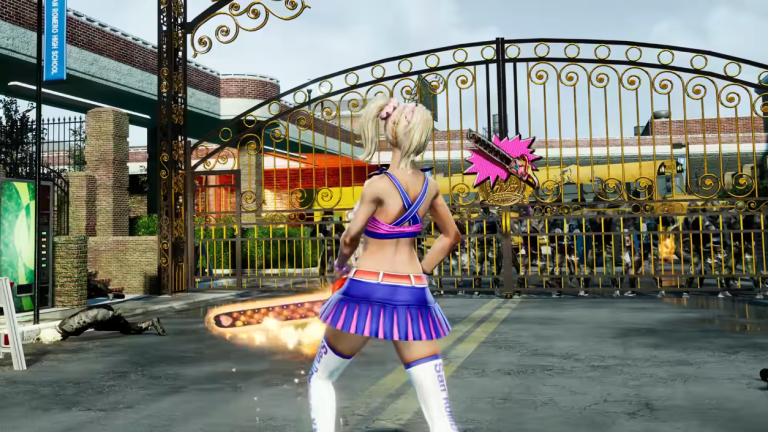 Juliet (Tara Strong) fires up her chainsaw at the school gates in Lollipop Chainsaw RePop (2024), Dragami Games