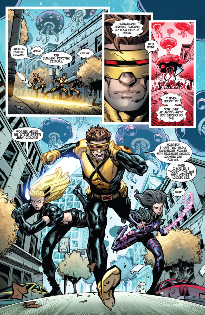 Cyclops puts boots on the ground in X-Men Vol. 7 #2 “Invasion” (2024), Marvel Comics. Words by Jed MacKay, art by Ryan Stegman, JP Mayer, Marte Gracia, and Clayton Cowles.