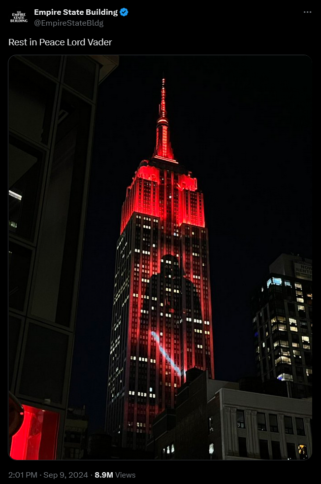 The Empire State Building lights up in honor of James Earl Jones' passing.