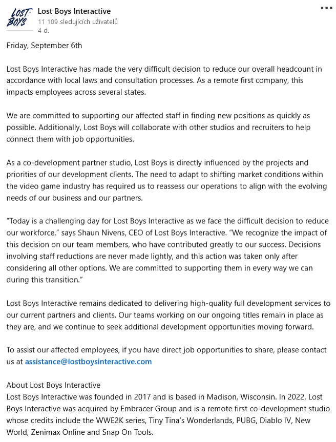 Lost Boys Interactive announces the reduction of most of their remaining workforce